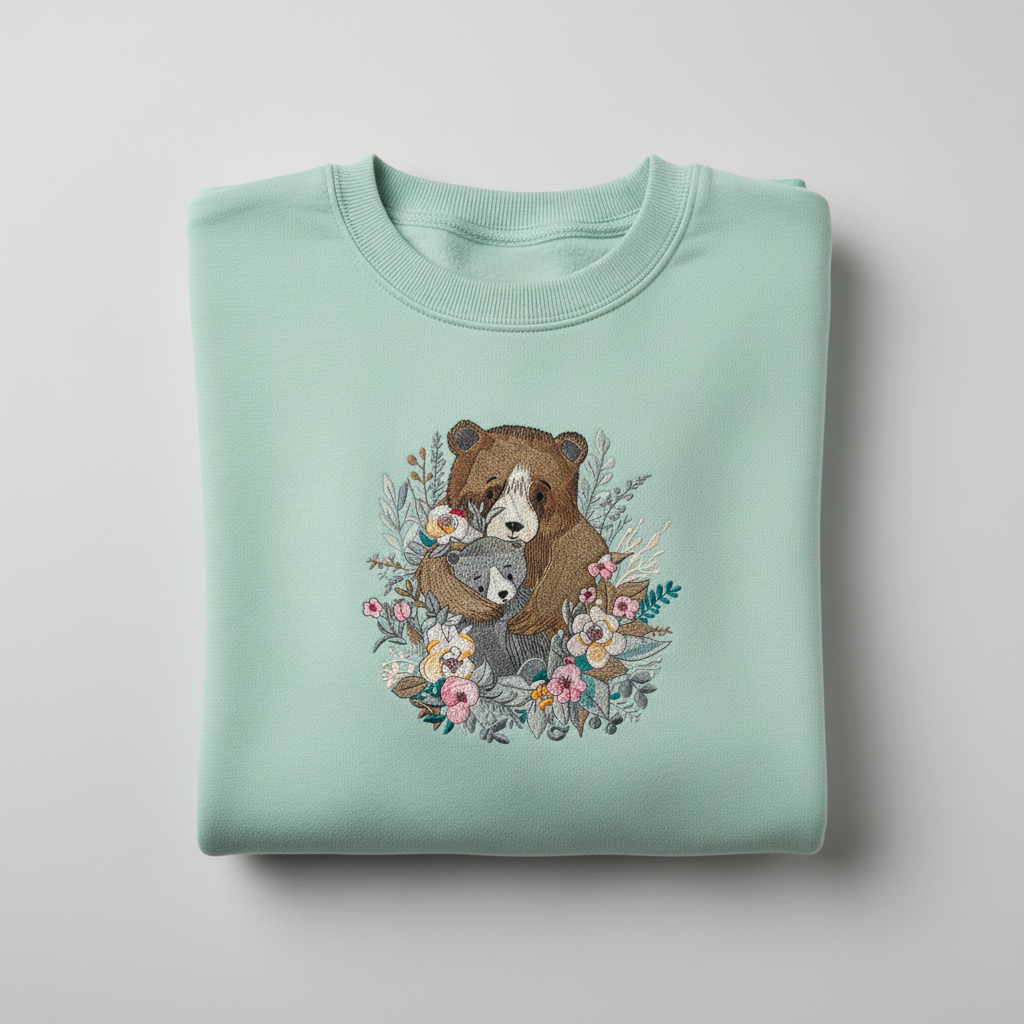 Mother Cub Floral Bear — Premium Embroidered Sweatshirt | Original EmbroMania Design