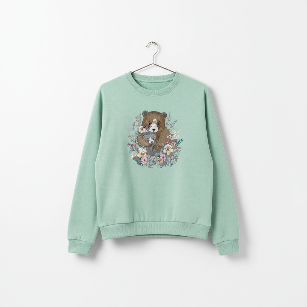 Mother Cub Floral Bear — Premium Embroidered Sweatshirt | Original EmbroMania Design