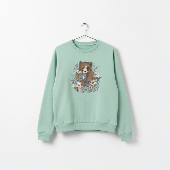 Mother Cub Floral Bear — Premium Embroidered Sweatshirt | Original EmbroMania Design