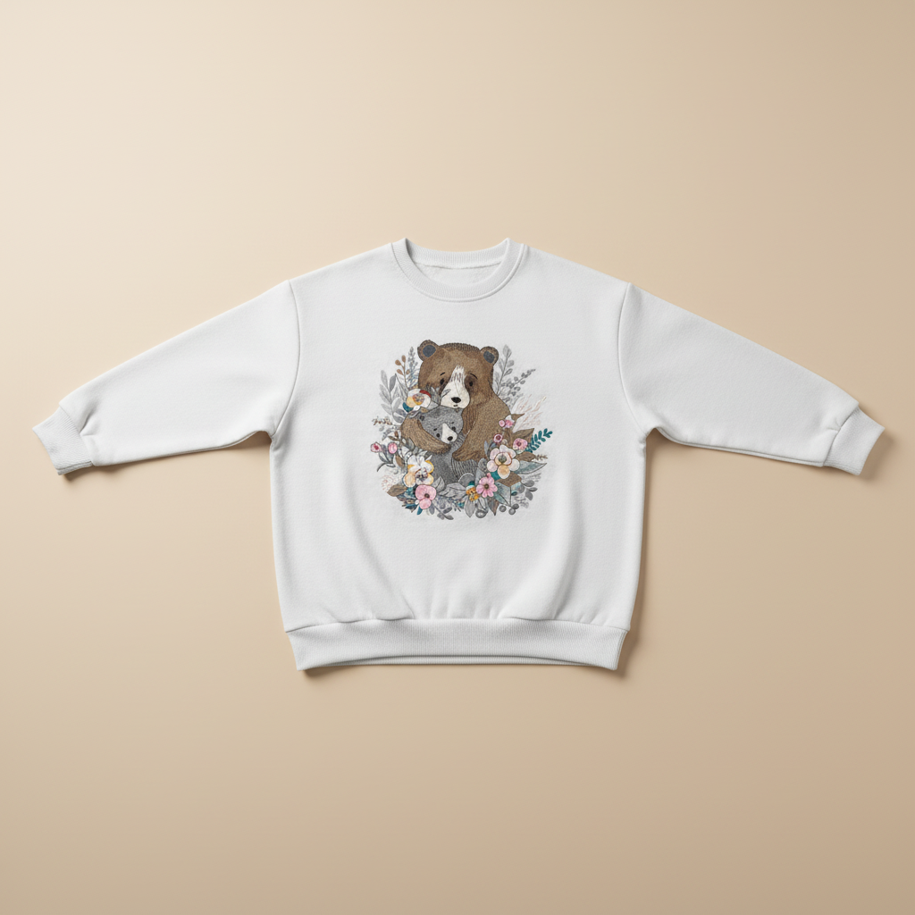 Mother Cub Floral Bear — Premium Embroidered Sweatshirt | Original EmbroMania Design