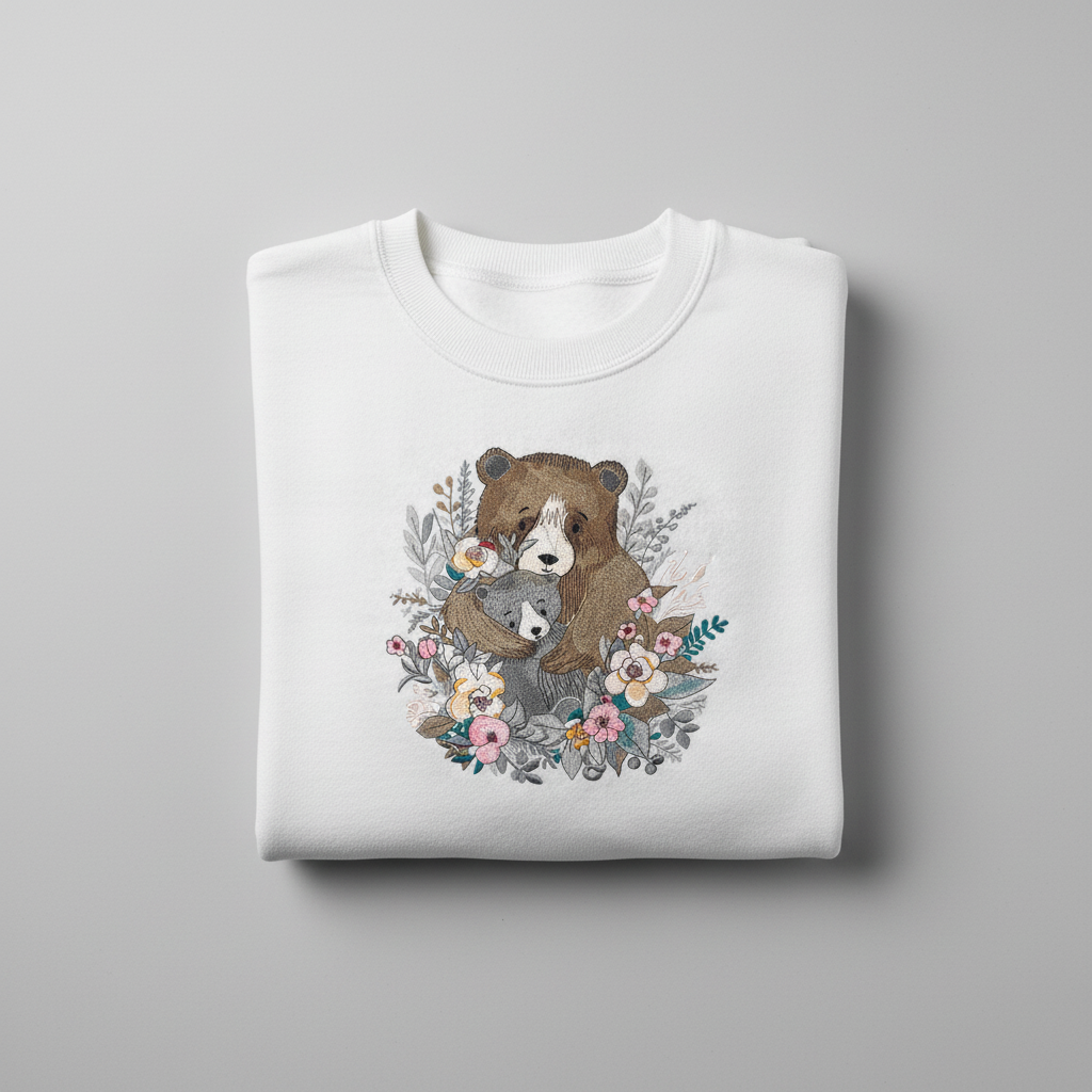 Mother Cub Floral Bear — Premium Embroidered Sweatshirt | Original EmbroMania Design