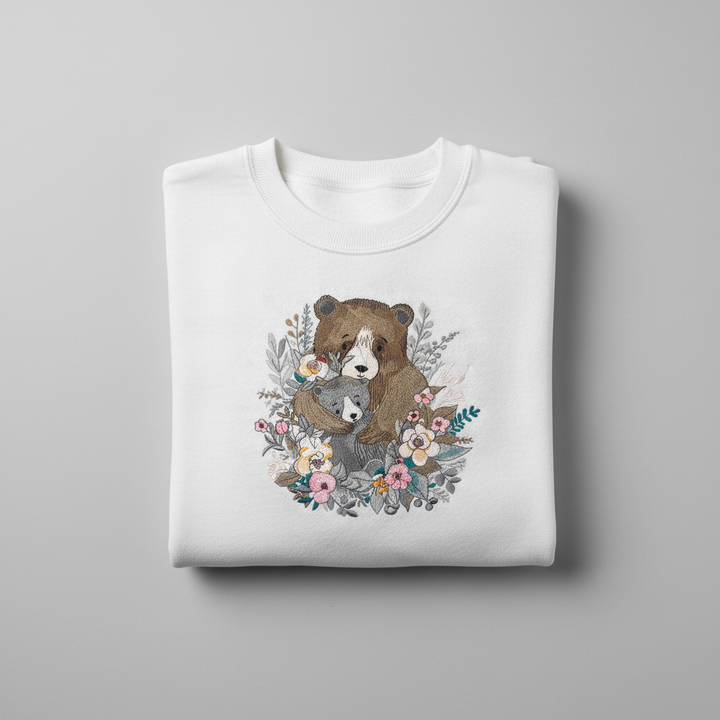 Mother Cub Floral Bear — Premium Embroidered Sweatshirt | Original EmbroMania Design