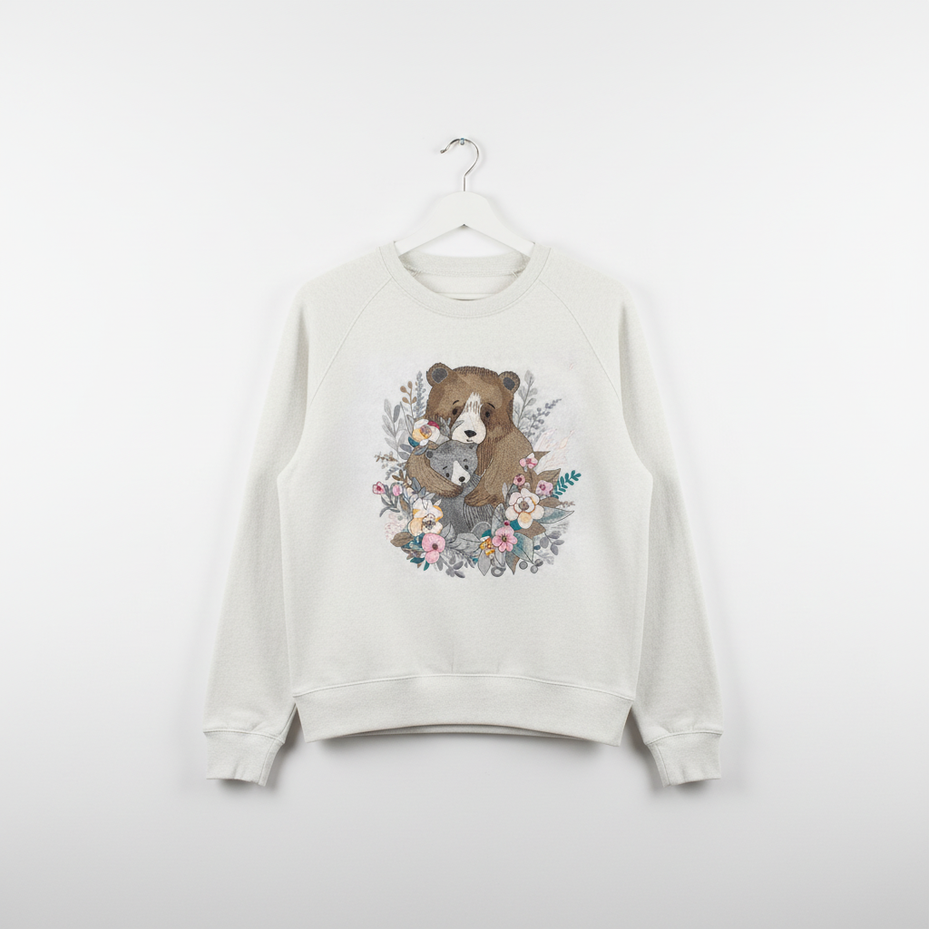 Mother Cub Floral Bear — Premium Embroidered Sweatshirt | Original EmbroMania Design