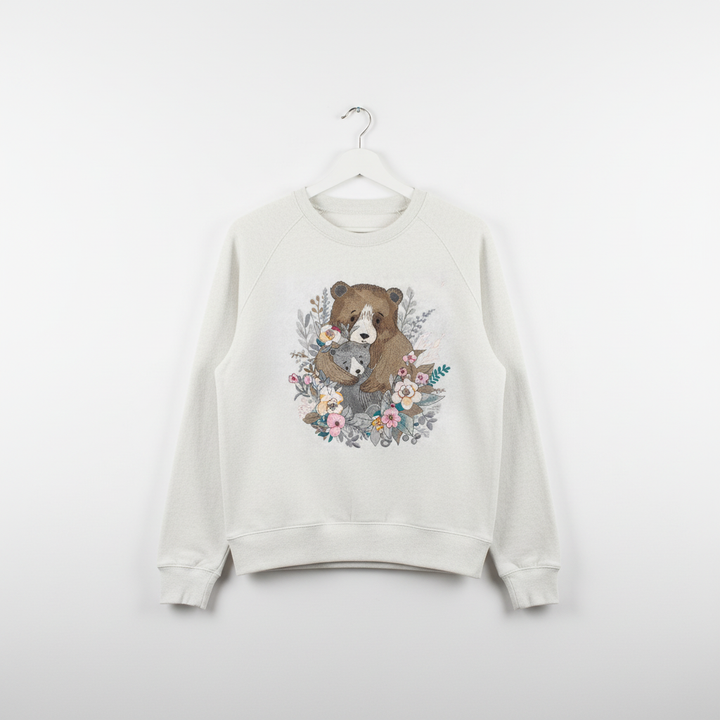 Mother Cub Floral Bear — Premium Embroidered Sweatshirt | Original EmbroMania Design