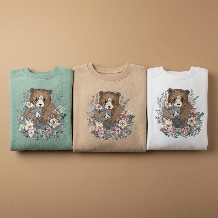 Mother Cub Floral Bear — Premium Embroidered Sweatshirt | Original EmbroMania Design
