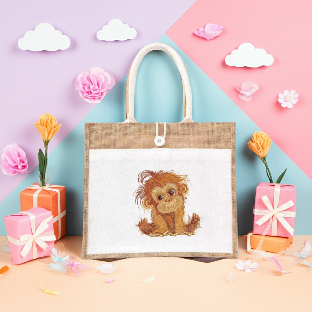 Natural jute tote handbag with a baby orangutan embroidery on the front panel, styled on a bright pastel backdrop with paper fans, clouds, gift boxes, and a Mother’s Day card.