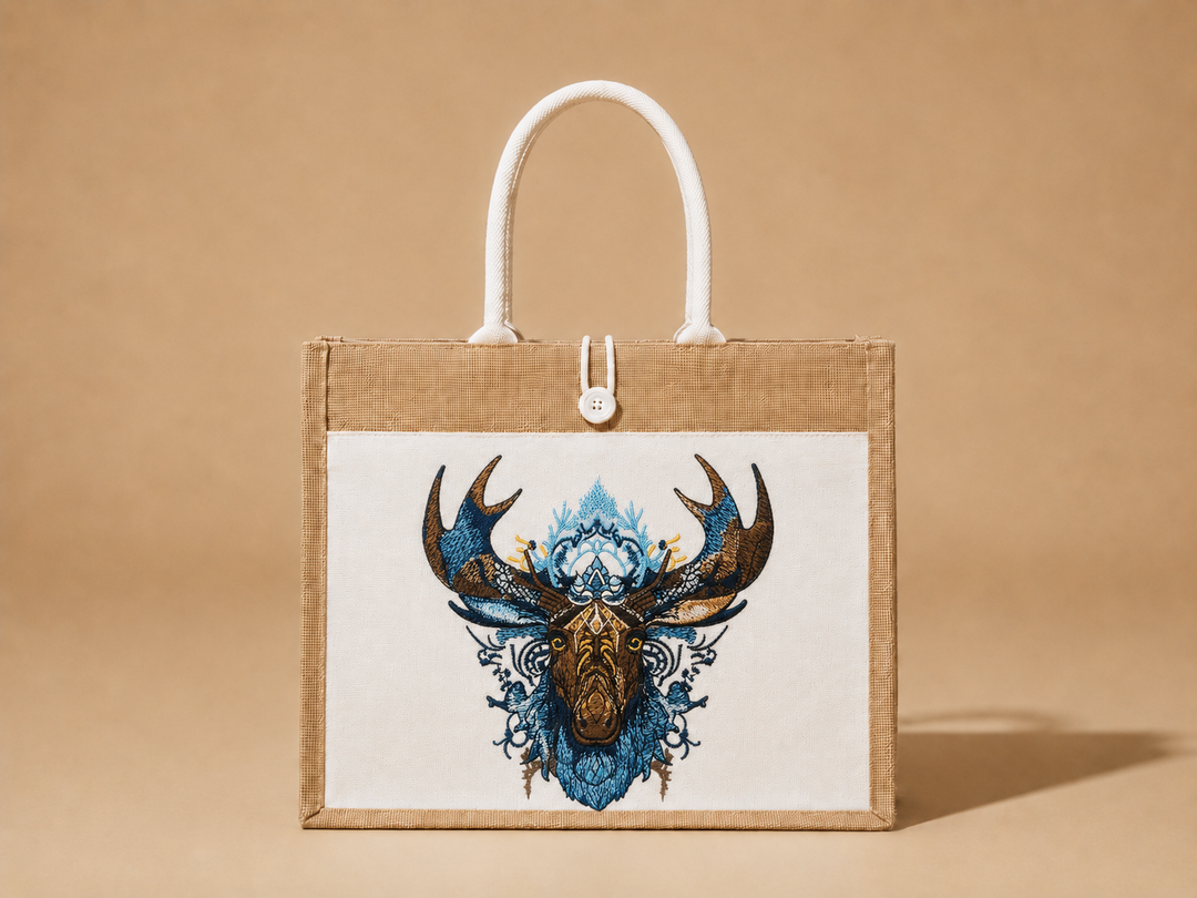 Tote bag with deer head design on a beige background