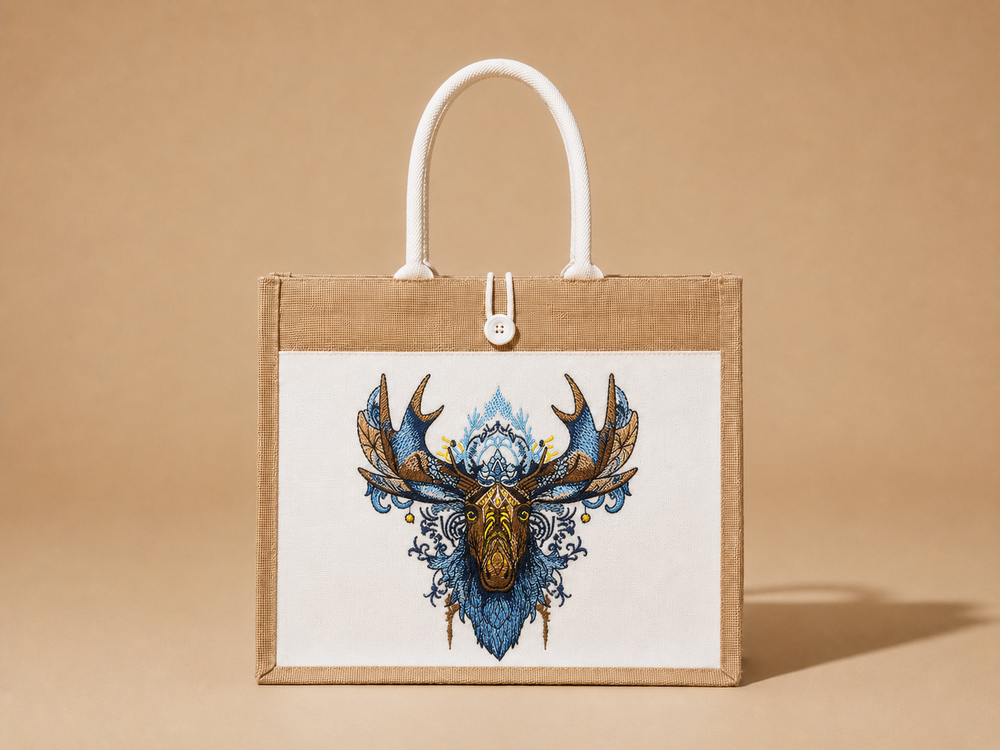 Tote bag with a decorative deer head design on a beige background