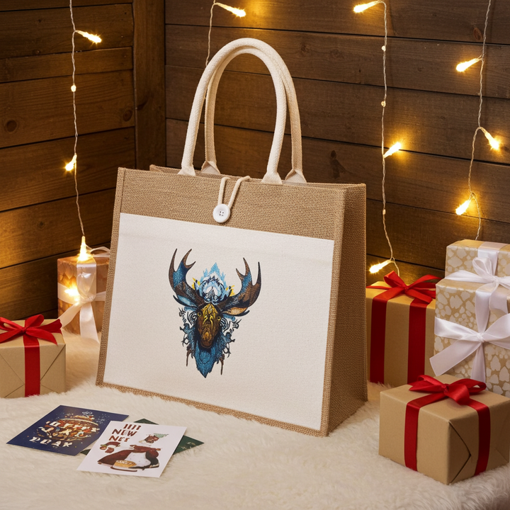 Natural jute tote handbag featuring a mystic blue moose with Nordic antlers embroidery design, styled on a fluffy rug with string lights, wrapped gifts, and holiday cards.