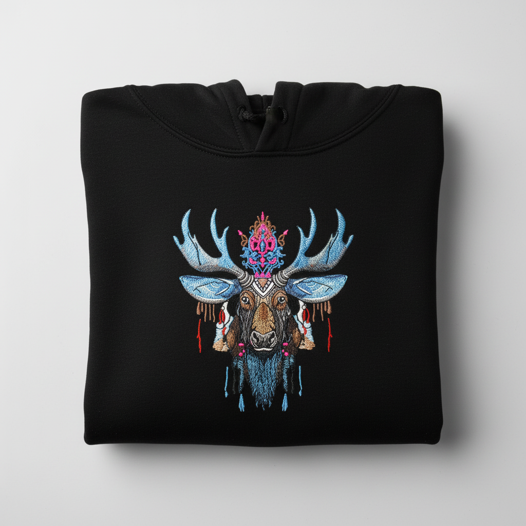 Mystic Crowned Moose — Premium Embroidered Hoodie | Original EmbroMania Design