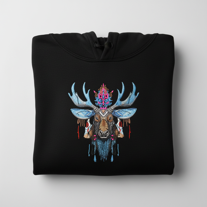 Mystic Crowned Moose — Premium Embroidered Hoodie | Original EmbroMania Design