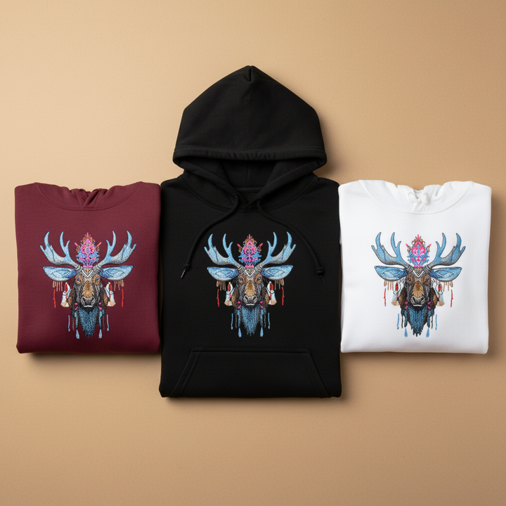 Mystic Crowned Moose — Premium Embroidered Hoodie | Original EmbroMania Design