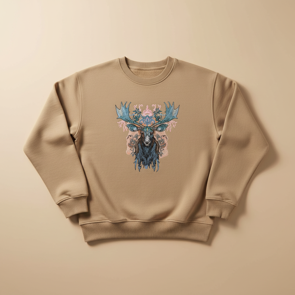 Ornate Blue Moose — Premium Embroidered Unisex Crewneck | Original EmbroMania Design