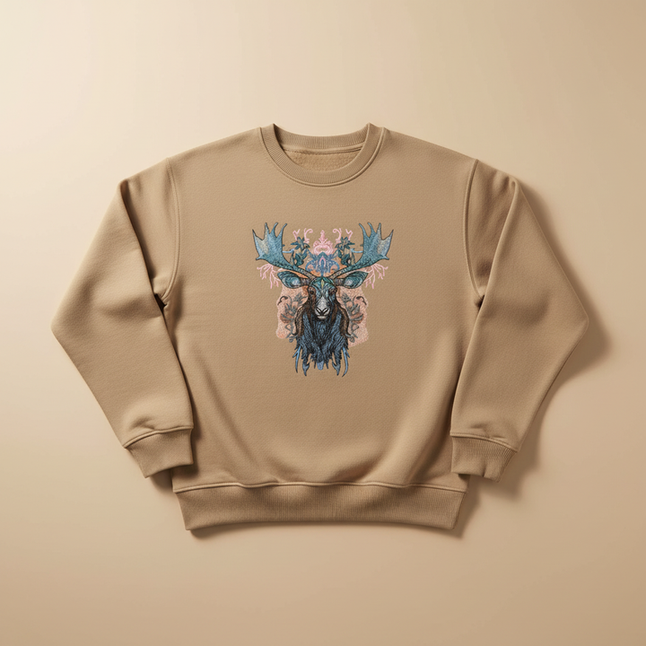 Ornate Blue Moose — Premium Embroidered Unisex Crewneck | Original EmbroMania Design