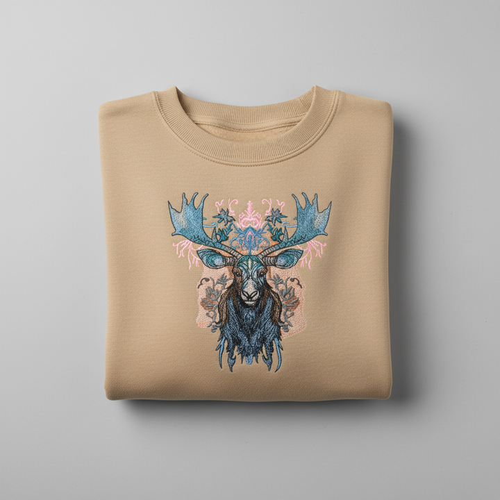 Ornate Blue Moose — Premium Embroidered Unisex Crewneck | Original EmbroMania Design