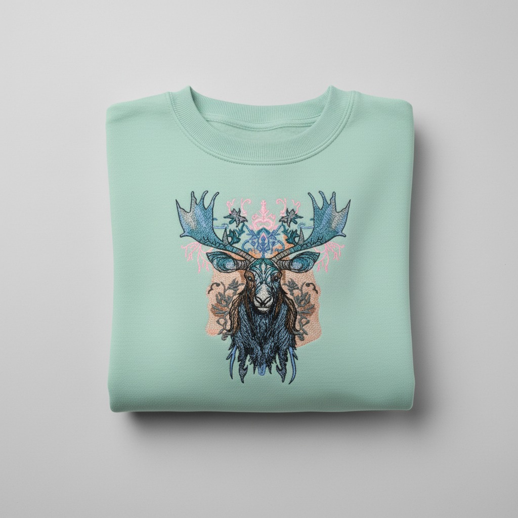 Ornate Blue Moose — Premium Embroidered Unisex Crewneck | Original EmbroMania Design