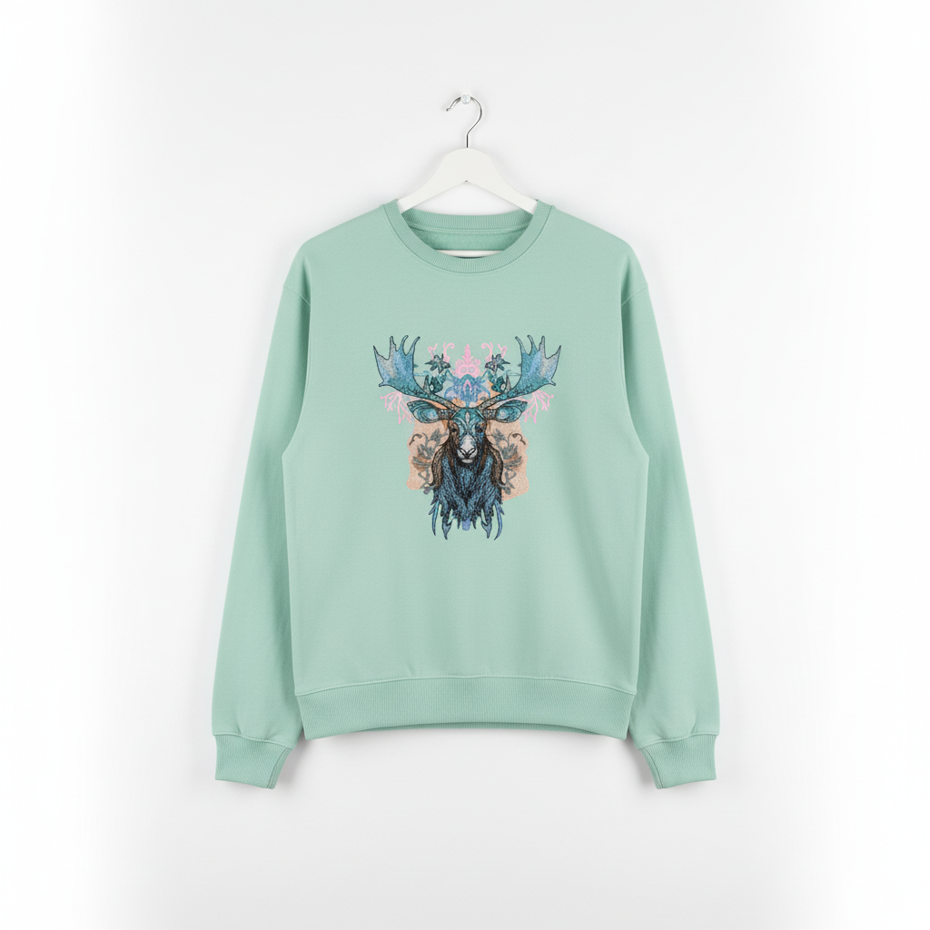 Ornate Blue Moose — Premium Embroidered Unisex Crewneck | Original EmbroMania Design