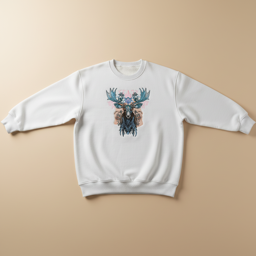 Ornate Blue Moose — Premium Embroidered Unisex Crewneck | Original EmbroMania Design