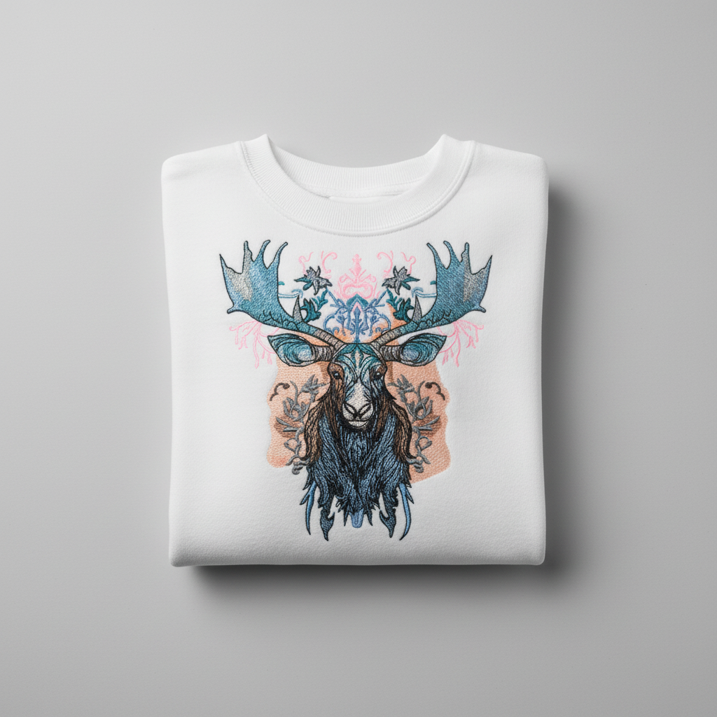 Ornate Blue Moose — Premium Embroidered Unisex Crewneck | Original EmbroMania Design