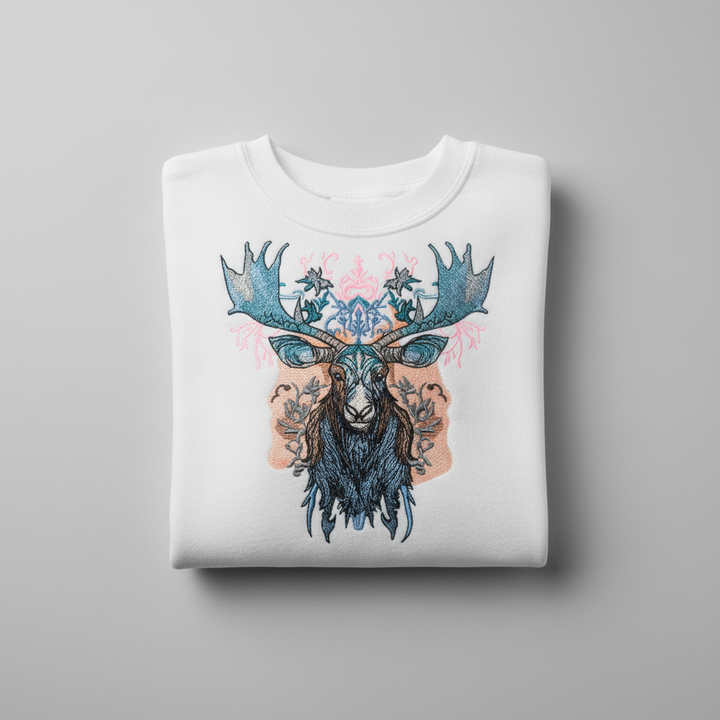 Ornate Blue Moose — Premium Embroidered Unisex Crewneck | Original EmbroMania Design
