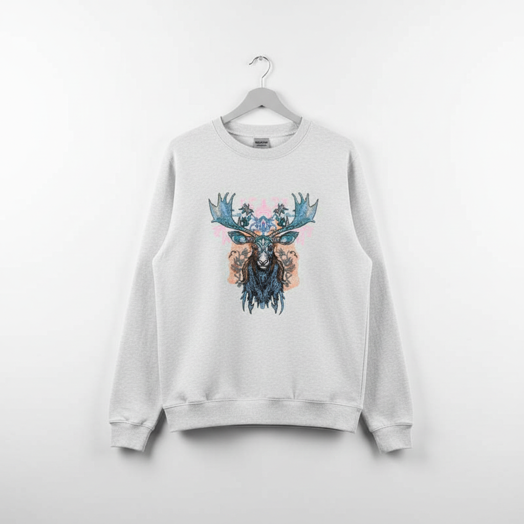 Ornate Blue Moose — Premium Embroidered Unisex Crewneck | Original EmbroMania Design