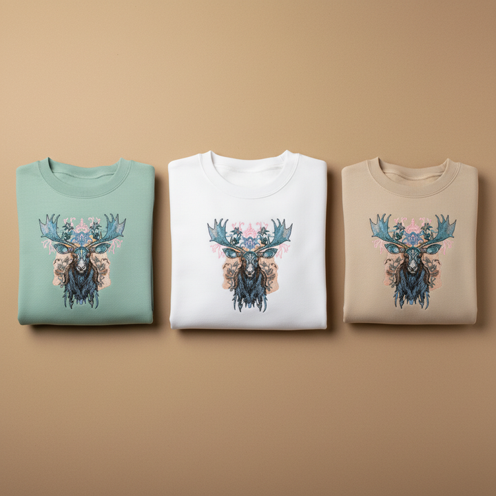 Ornate Blue Moose — Premium Embroidered Unisex Crewneck | Original EmbroMania Design