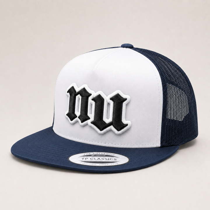 White and navy trucker hat with &