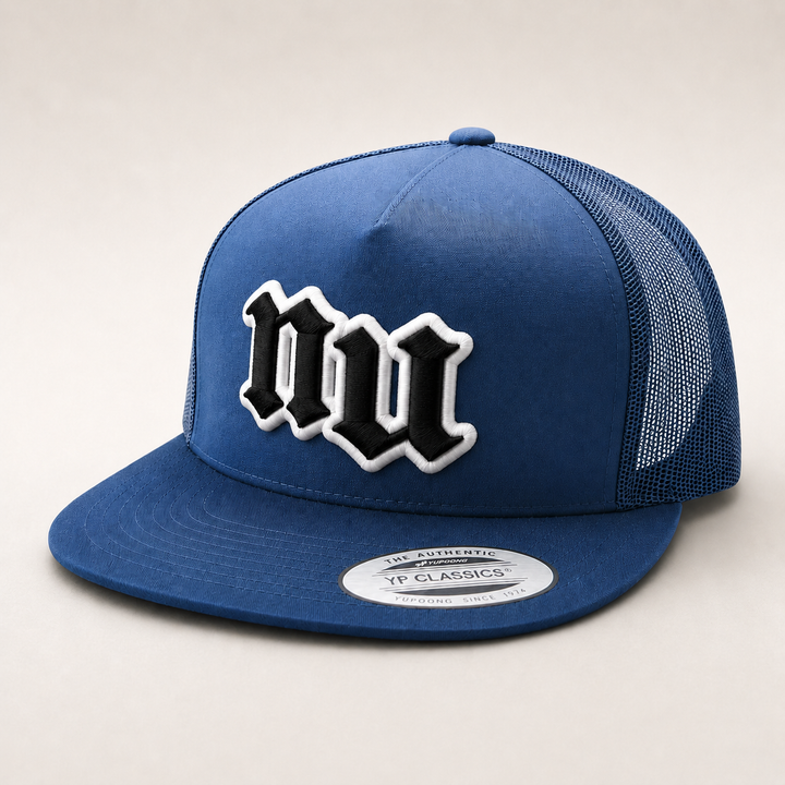 Blue cap with a logo on a light gray background