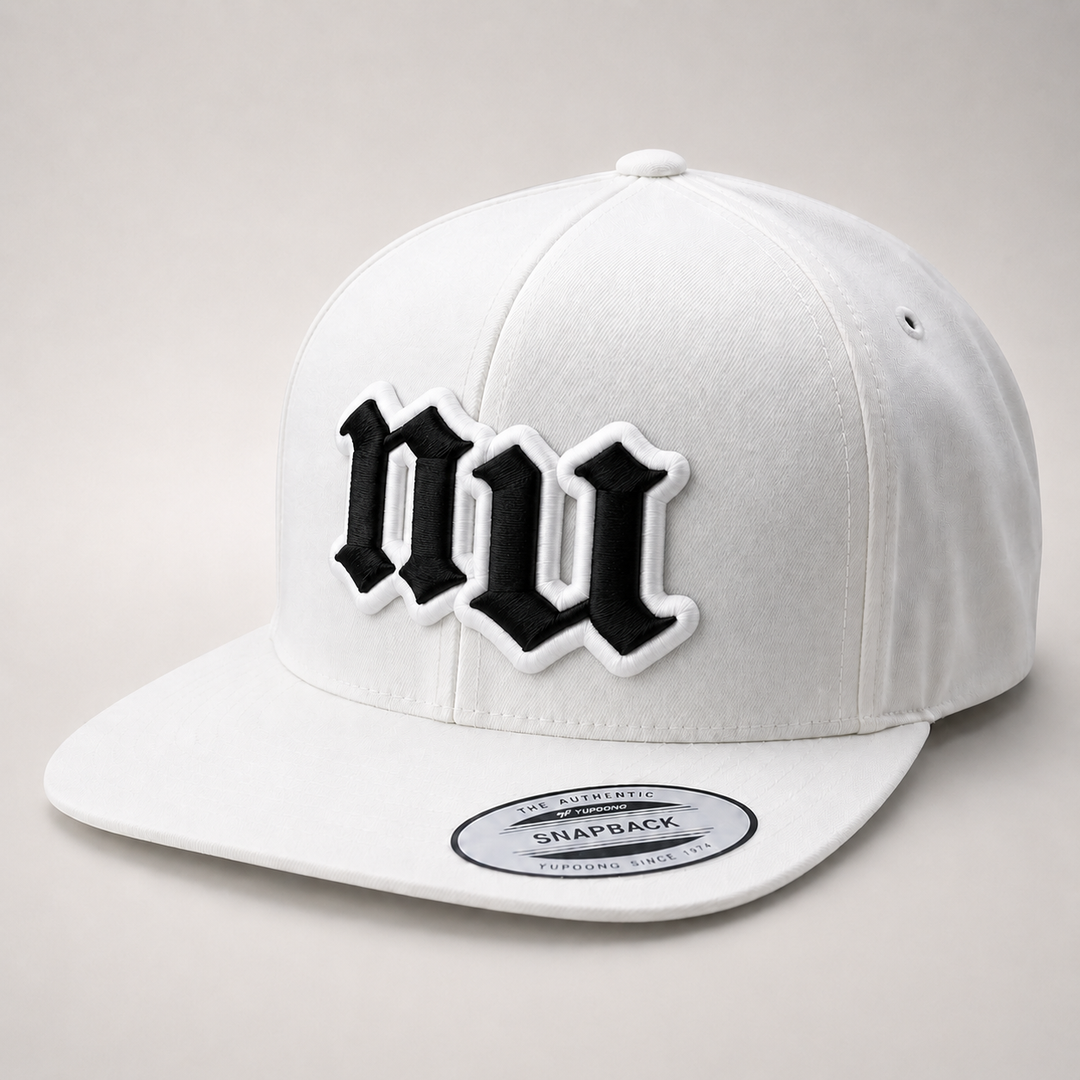 White cap with black logo on a light gray background