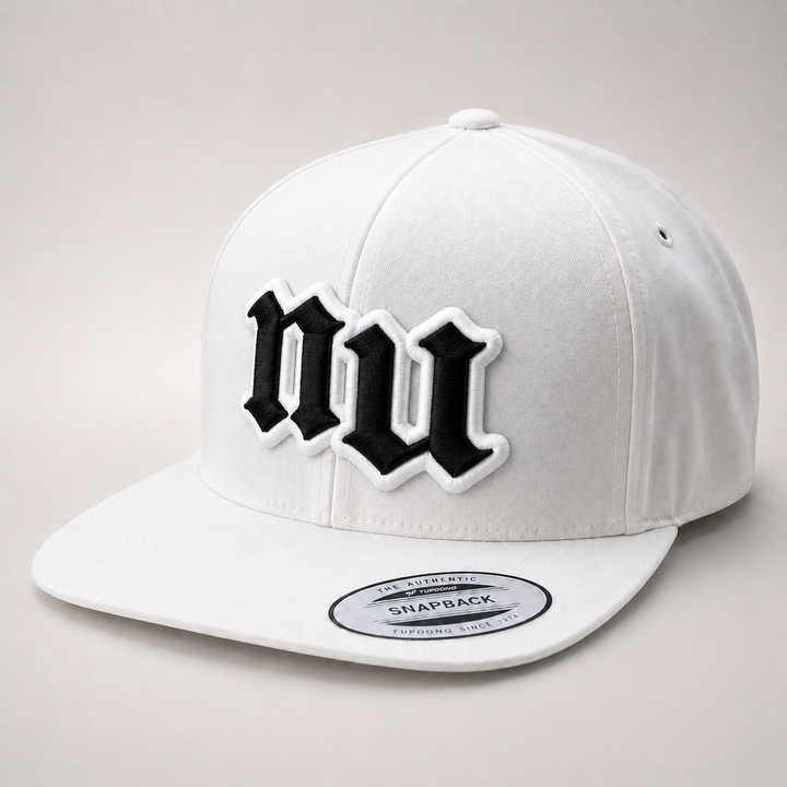 White cap with black logo on a light gray background