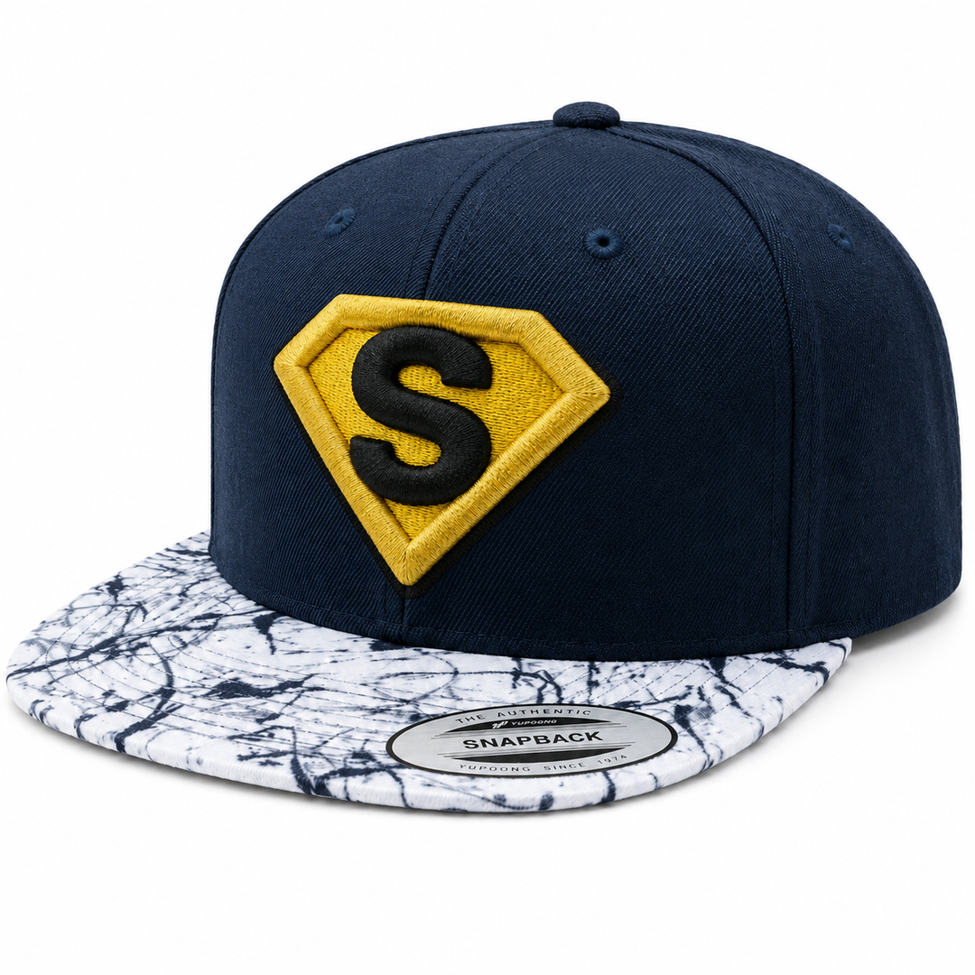 Navy Gold – Navy Snapback with Gold 3D Puff Superman Shield Initial | Hand Finished in Dubai | EmbroMania