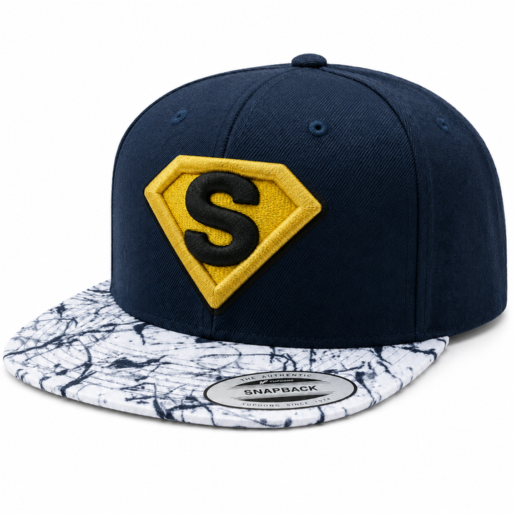 Navy Gold – Navy Snapback with Gold 3D Puff Superman Shield Initial | Hand Finished in Dubai | EmbroMania