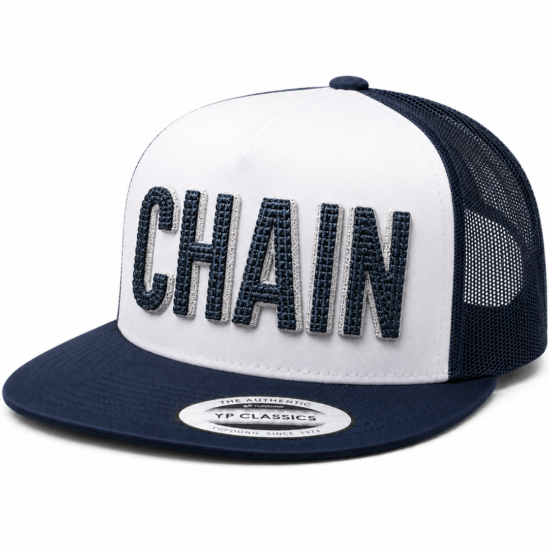 Navy Mesh – ChainPop 3D Puff Chain Stitch Cap Font Machine Embroidered in Dubai | EmbroMania