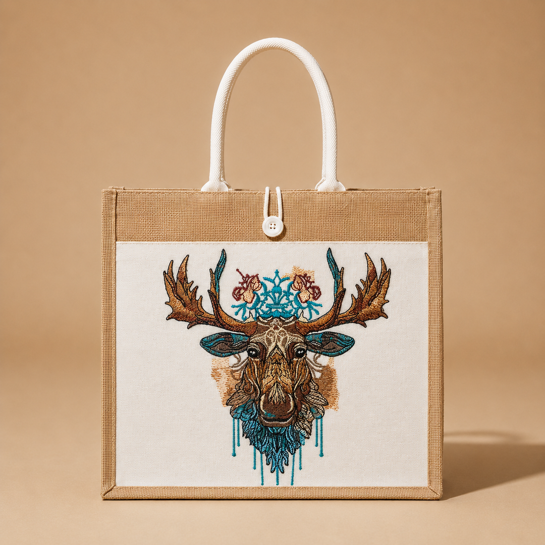 Tote bag with embroidered deer design on a beige background