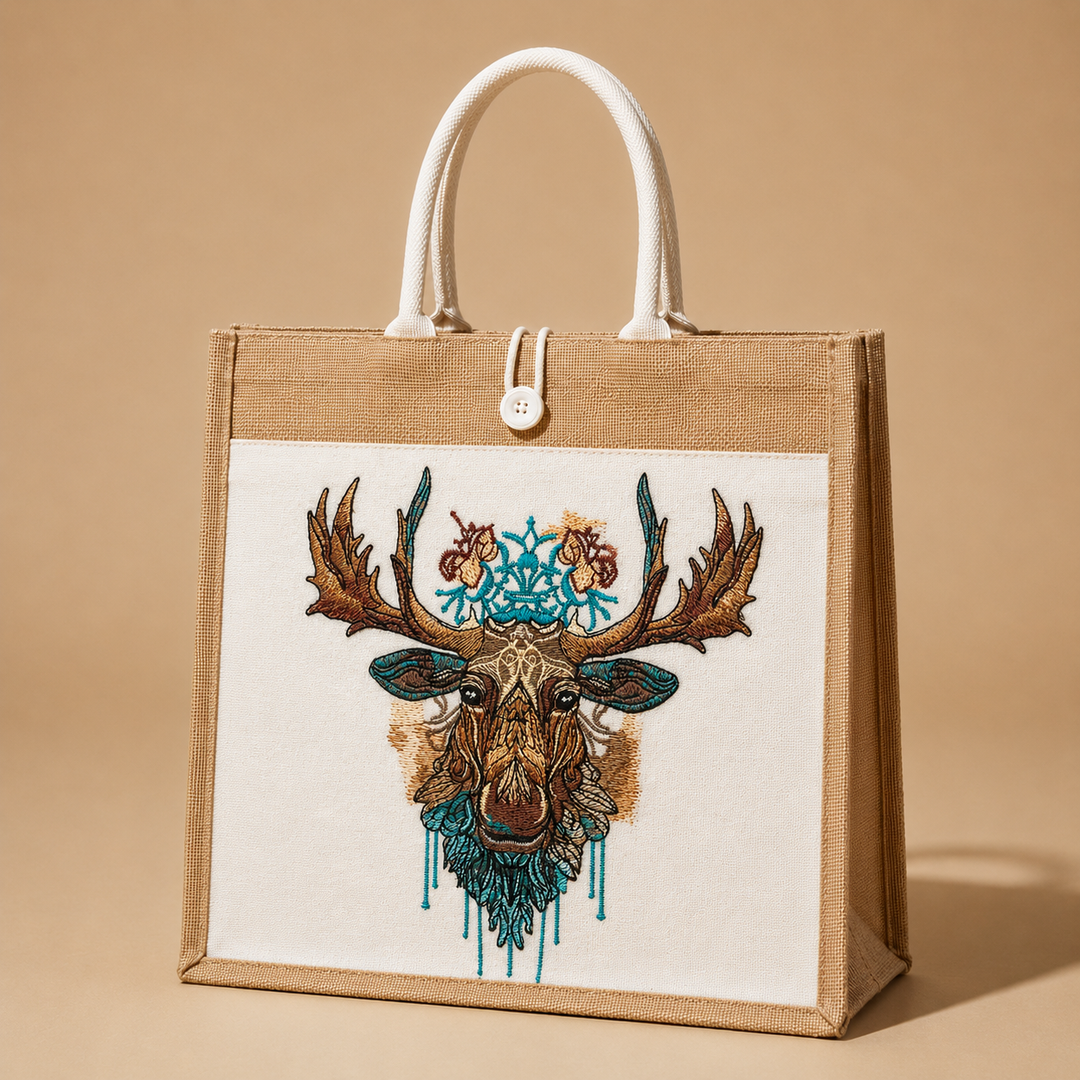 Jute bag with embroidered deer design on a beige background