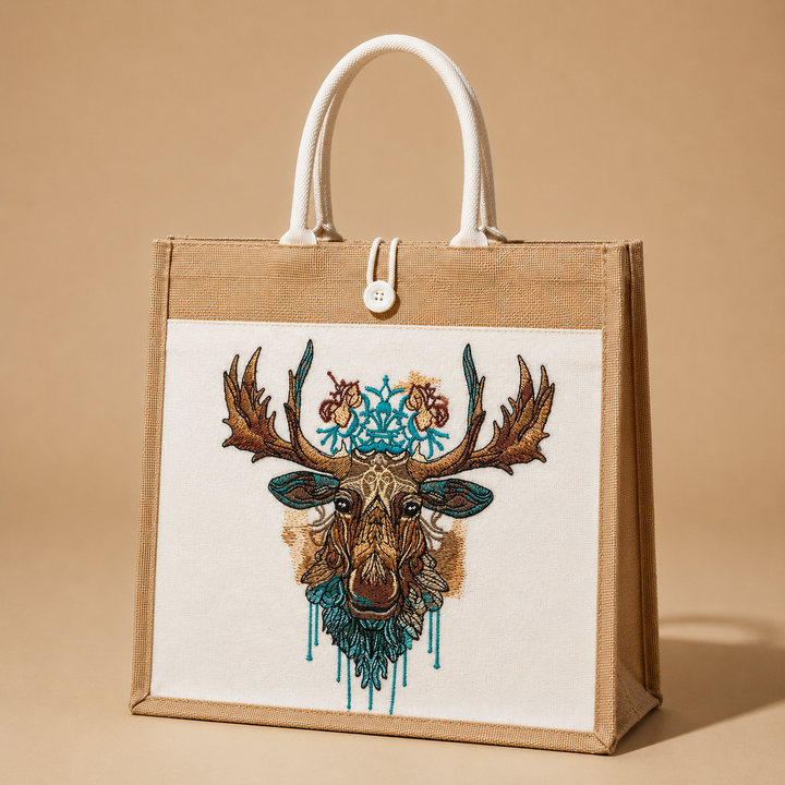 Jute bag with embroidered deer design on a beige background