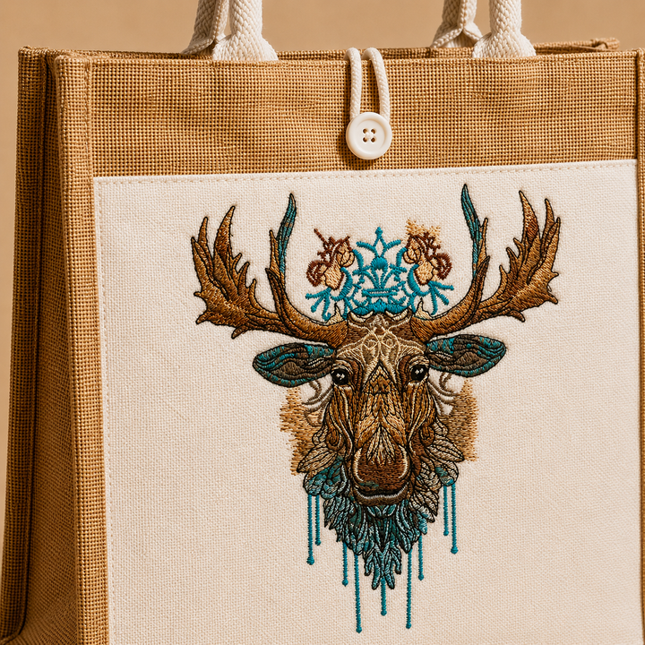 Brown tote bag with embroidered deer design on a beige background