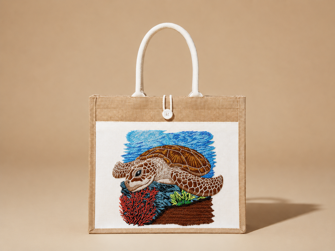 Tote bag with a turtle design on a beige background