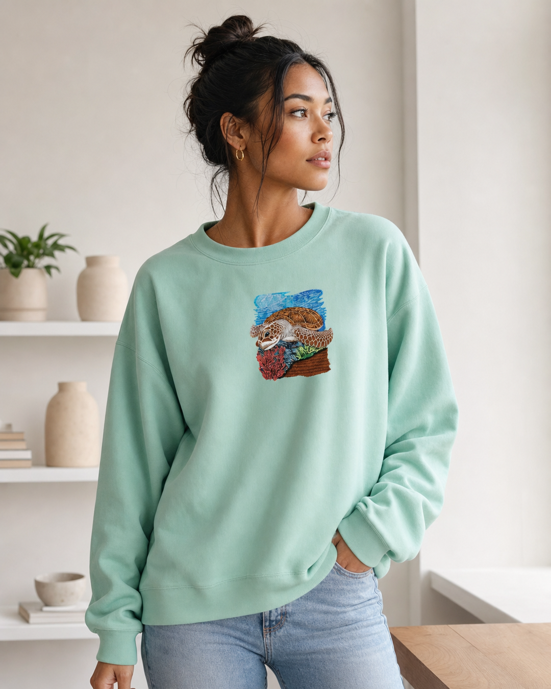 Sea Turtle Machine Embroidered Sweatshirt – Hand Finished in Dubai | EmbroMania