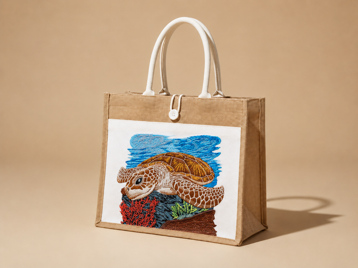 Brown tote bag with a turtle design on a beige background