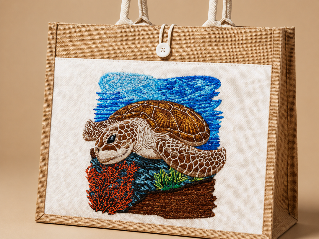 Tote bag with embroidered turtle design on a beige background