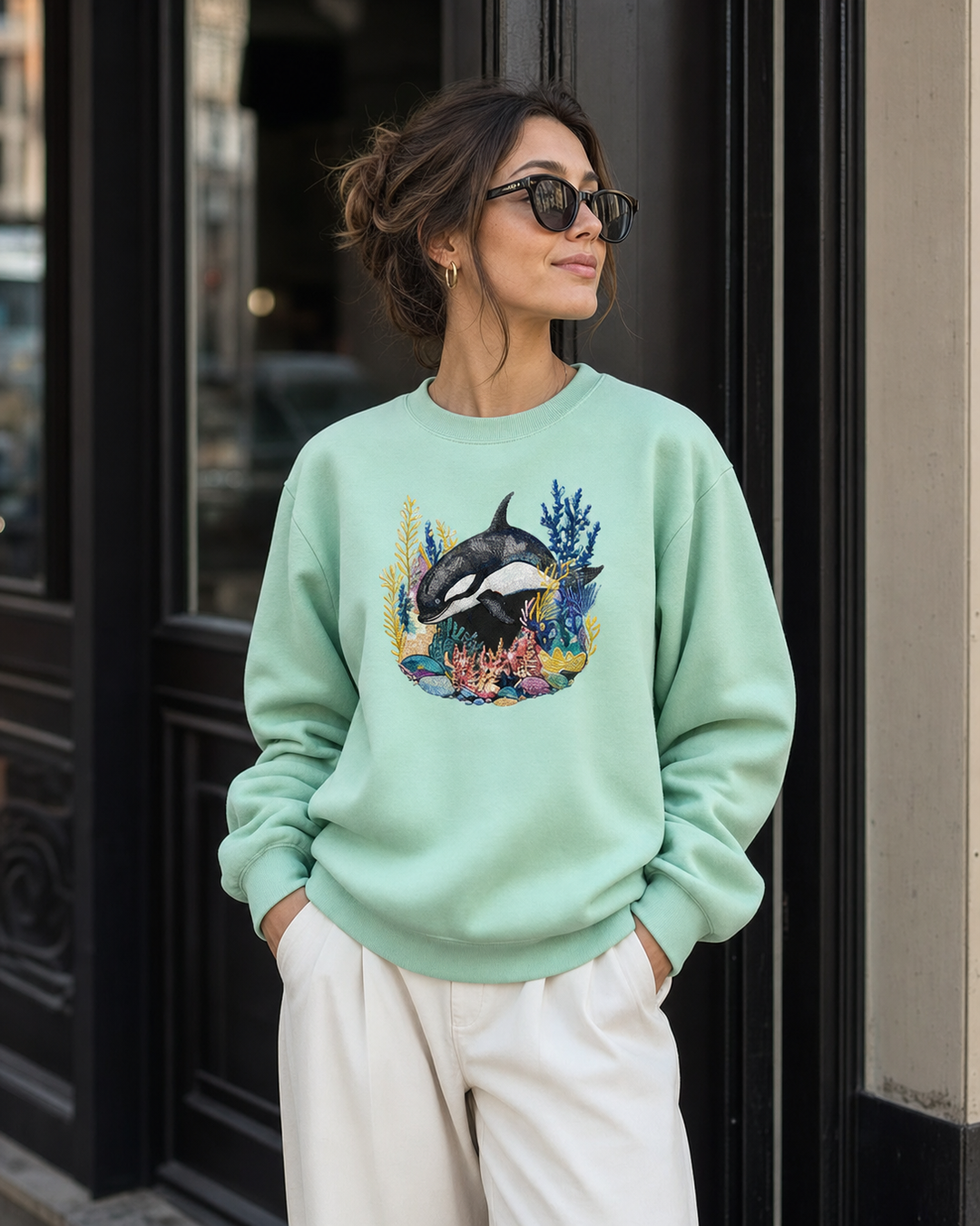 Playful Orca Machine Embroidered Sweatshirt – Hand Finished in Dubai | EmbroMania