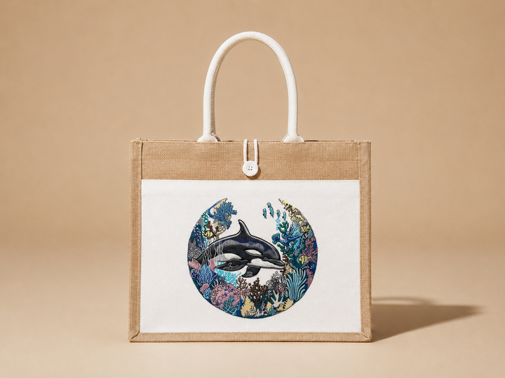 Tote bag with an orca whale design on a beige background