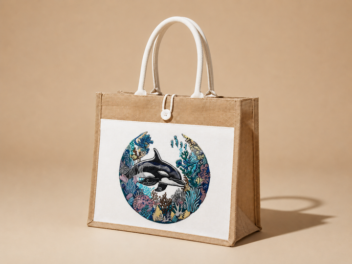 Tote bag with an orca whale design on a beige background