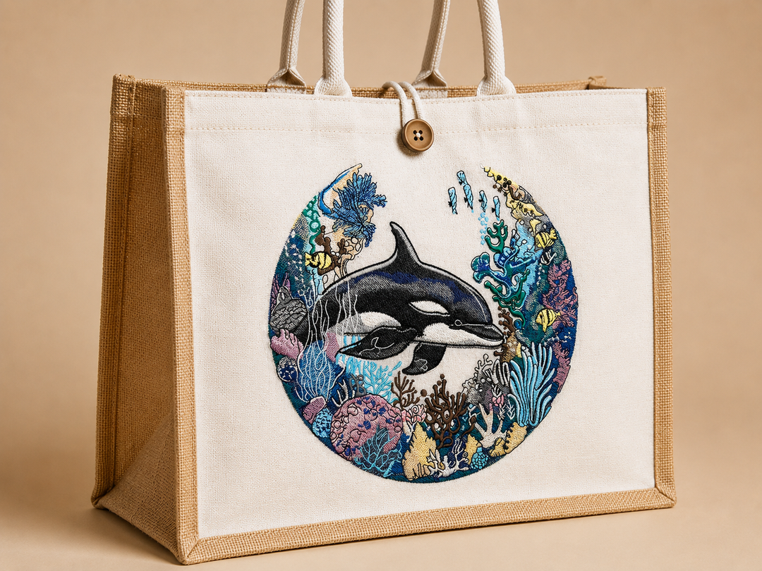 Tote bag with a dolphin and coral design on a beige background