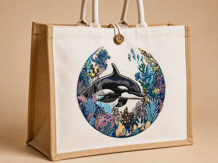 Tote bag with a dolphin and coral design on a beige background