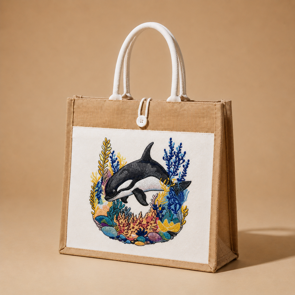 Tote bag with an embroidered design of an orca whale and underwater scene on a beige background