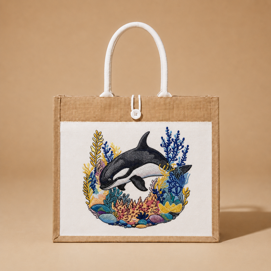 Tote bag with an embroidered design of a whale and underwater scene on a beige background
