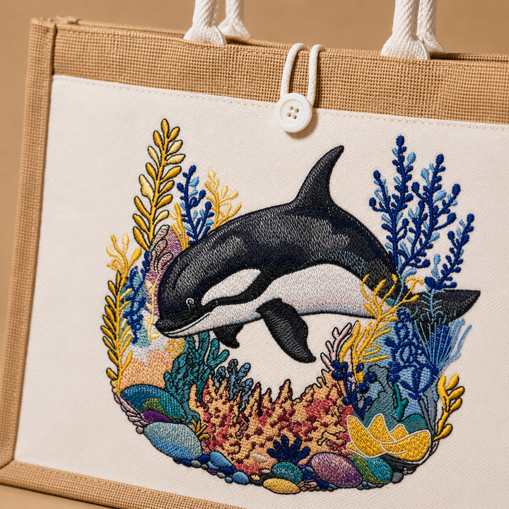 Embroidered design of a whale surrounded by underwater plants on a beige background