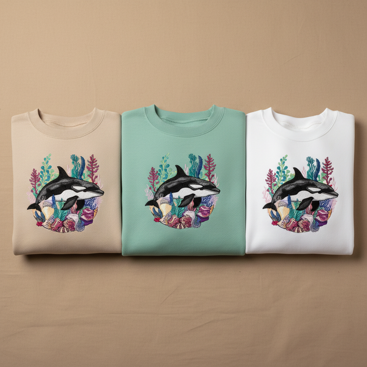 Ocean Spirit Orca Reef Garden — سويت شيرت (Crewneck) فاخر مطرّز للجنسين | تصميم أوريجينال (Original) من EmbroMania